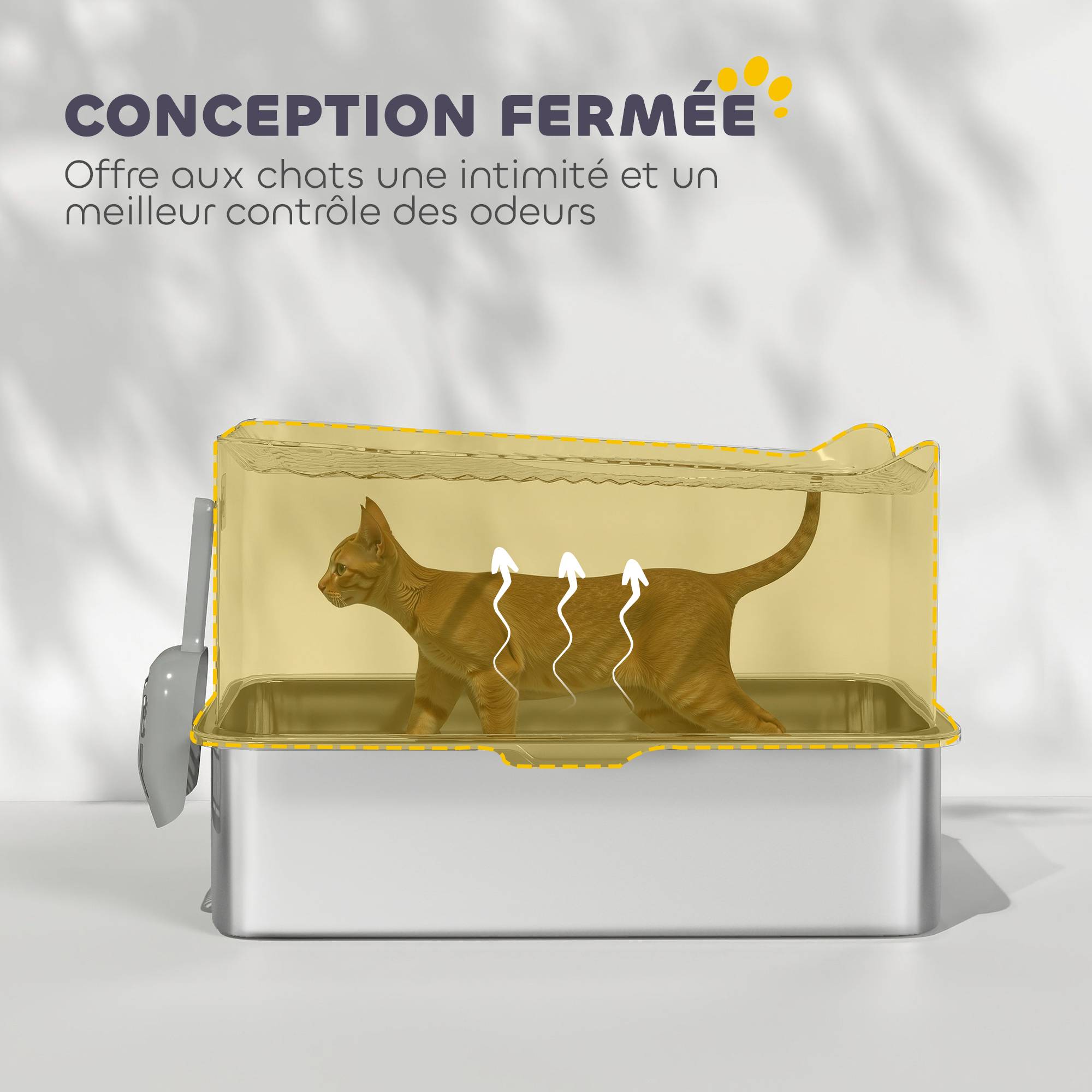 Bac à litière pour chat en acier inoxydable 85L grande capacité maison de toilette semi-fermée, 60 x 40 x 38 cm noir - Image 7