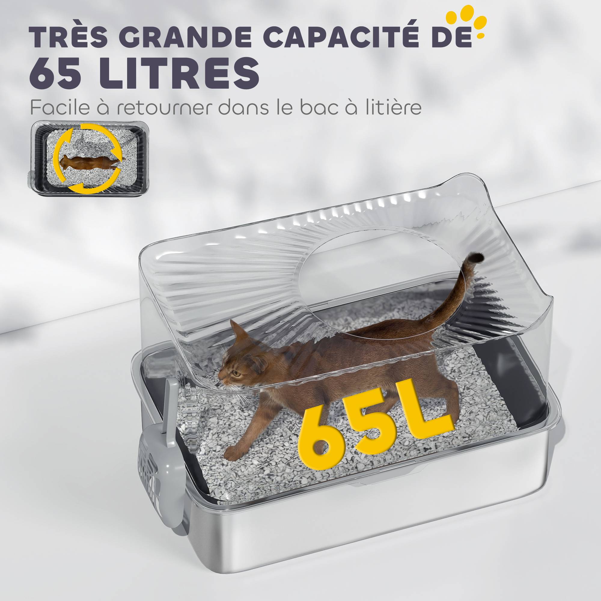 Bac à litière pour chat en acier inoxydable 85L grande capacité maison de toilette semi-fermée, 60 x 40 x 38 cm noir - Image 8