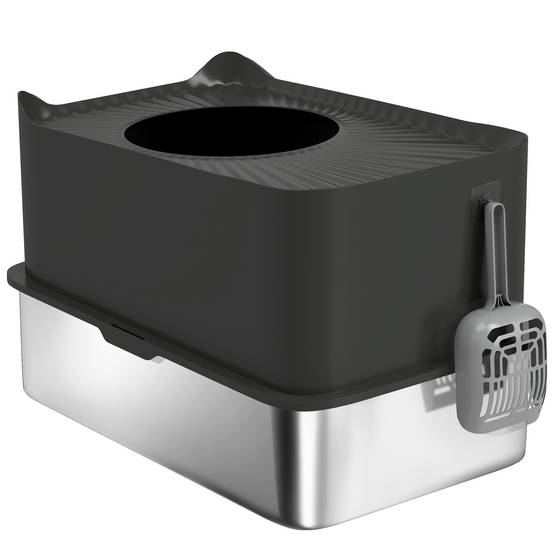 Bac à litière pour chat en acier inoxydable 85L grande capacité maison de toilette semi-fermée, 60 x 40 x 38 cm noir - Image 2