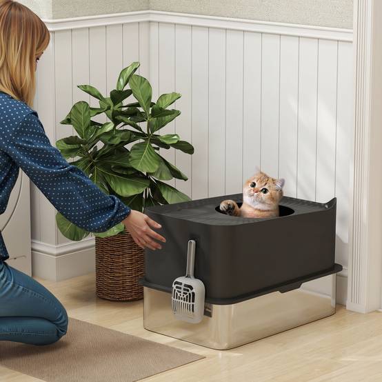 Bac à litière pour chat en acier inoxydable 85L grande capacité maison de toilette semi-fermée, 60 x 40 x 38 cm noir - Image 3