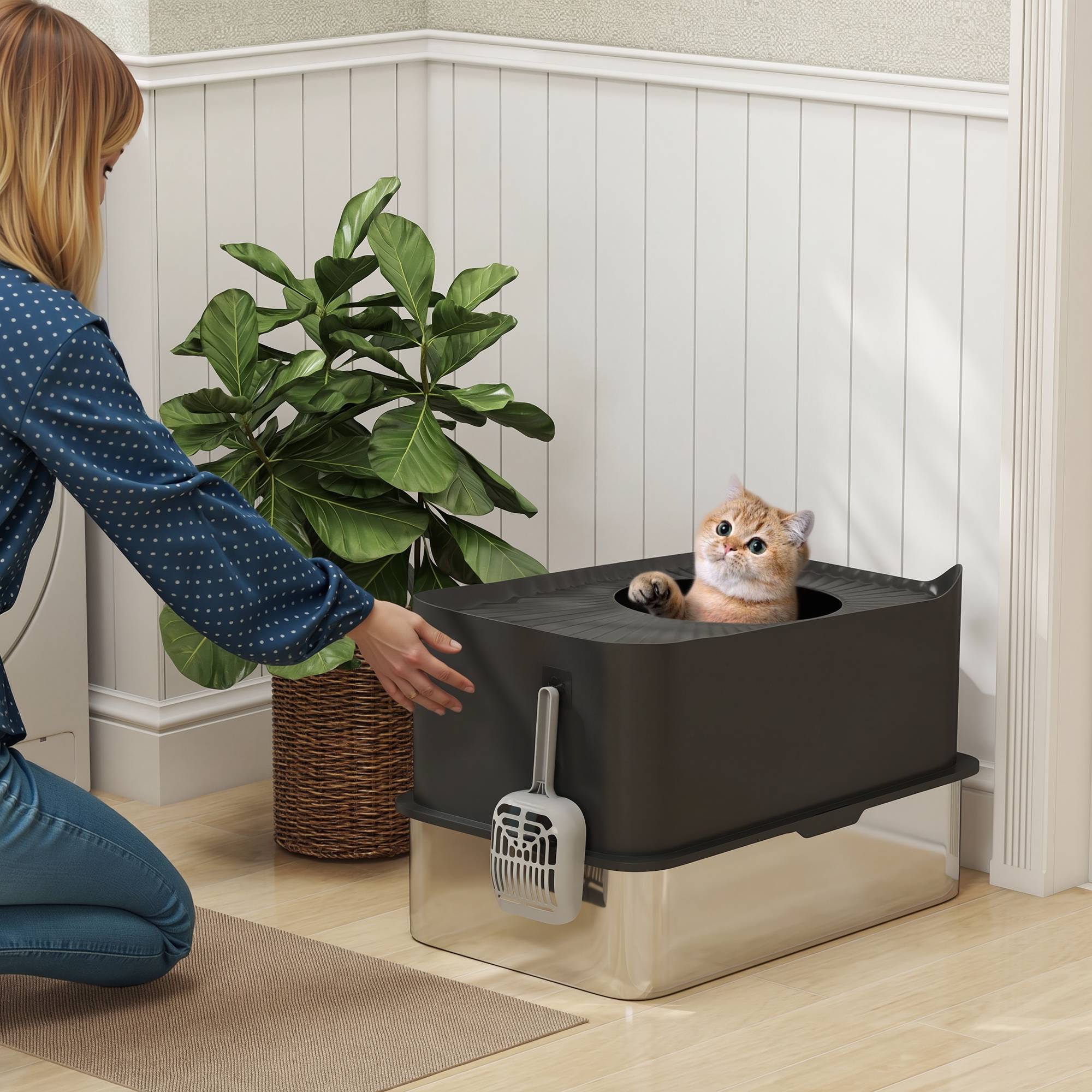 Bac à litière pour chat en acier inoxydable 85L grande capacité maison de toilette semi-fermée, 60 x 40 x 38 cm noir - Image 3
