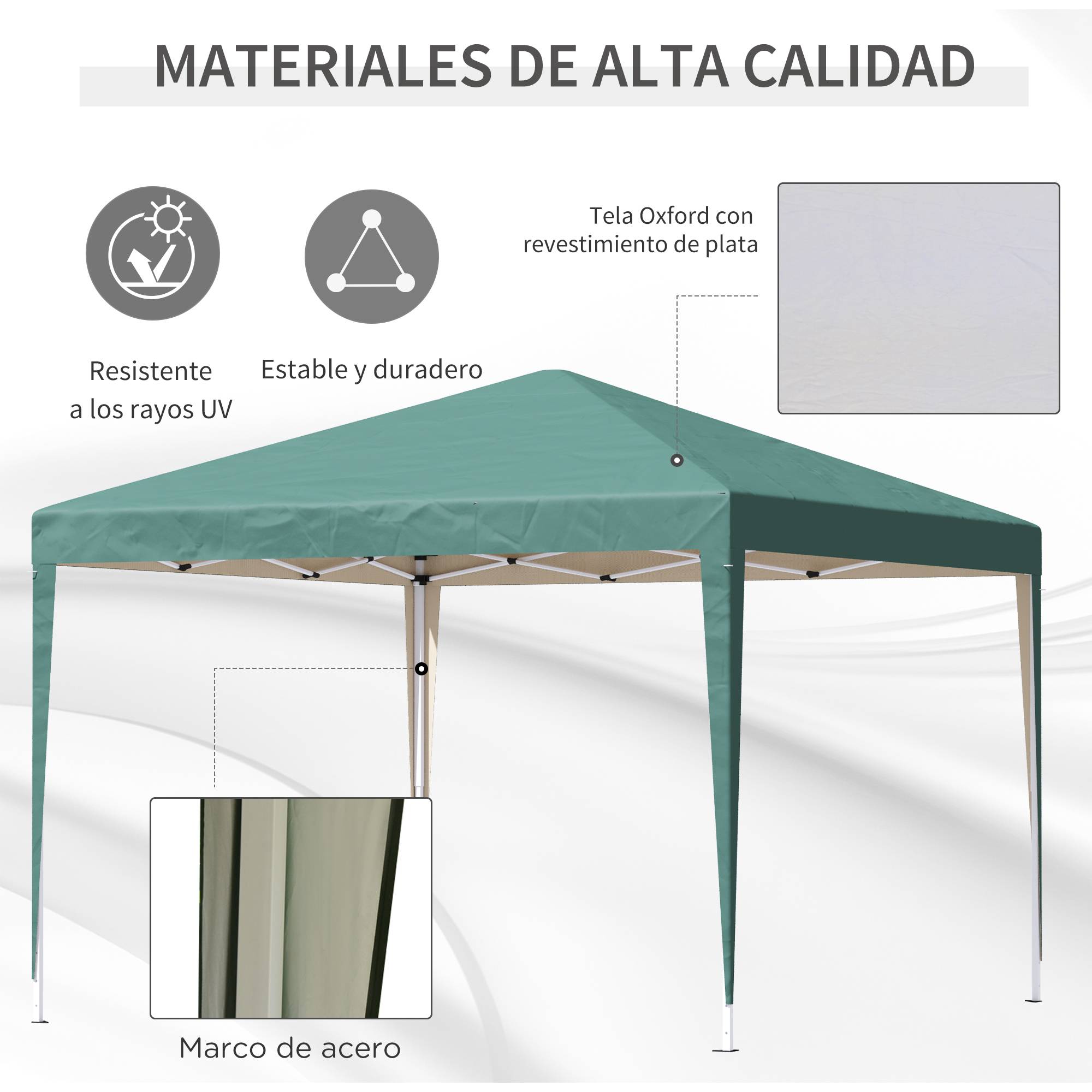 Tente pliante 3x3m avec sac de transport, hauteur réglable, résistante aux UV et imperméable, idéale pour terrasse, patio, plage, verte - Image 6