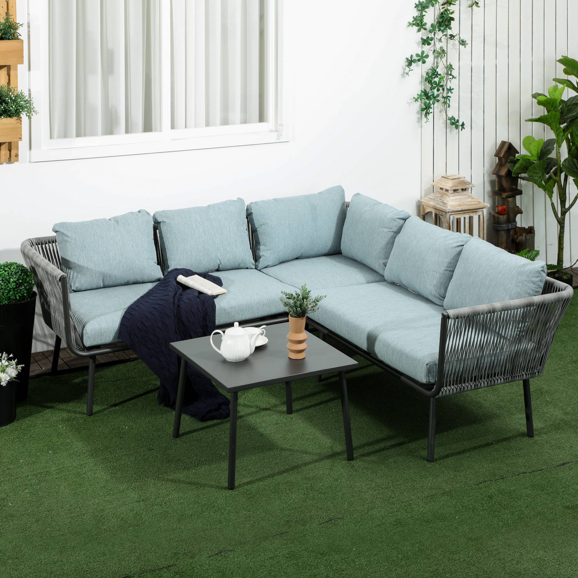 Outsunny - Salon de jardin d'angle 5 places 4 pièces coussins inclus alu. résine tressée gris - Outsunny - Image 2