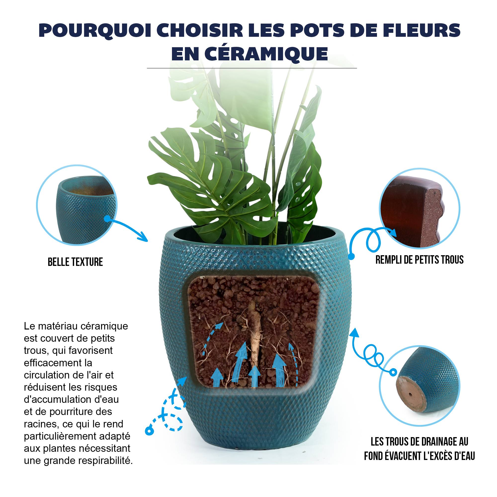 ComfortXL - Grand pot de fleurs céramique Ø46 x H53 cm bleu turquoise jardin terrasse drainage - ComfortXL Outdoor Living - Image 5