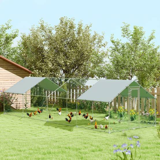 Poulailler, enclos pour poules élevées en plein air, avec bâche résistante aux UV, grillage en acier, mangeoire automatique, pour 24 à 30 poules - Image 3