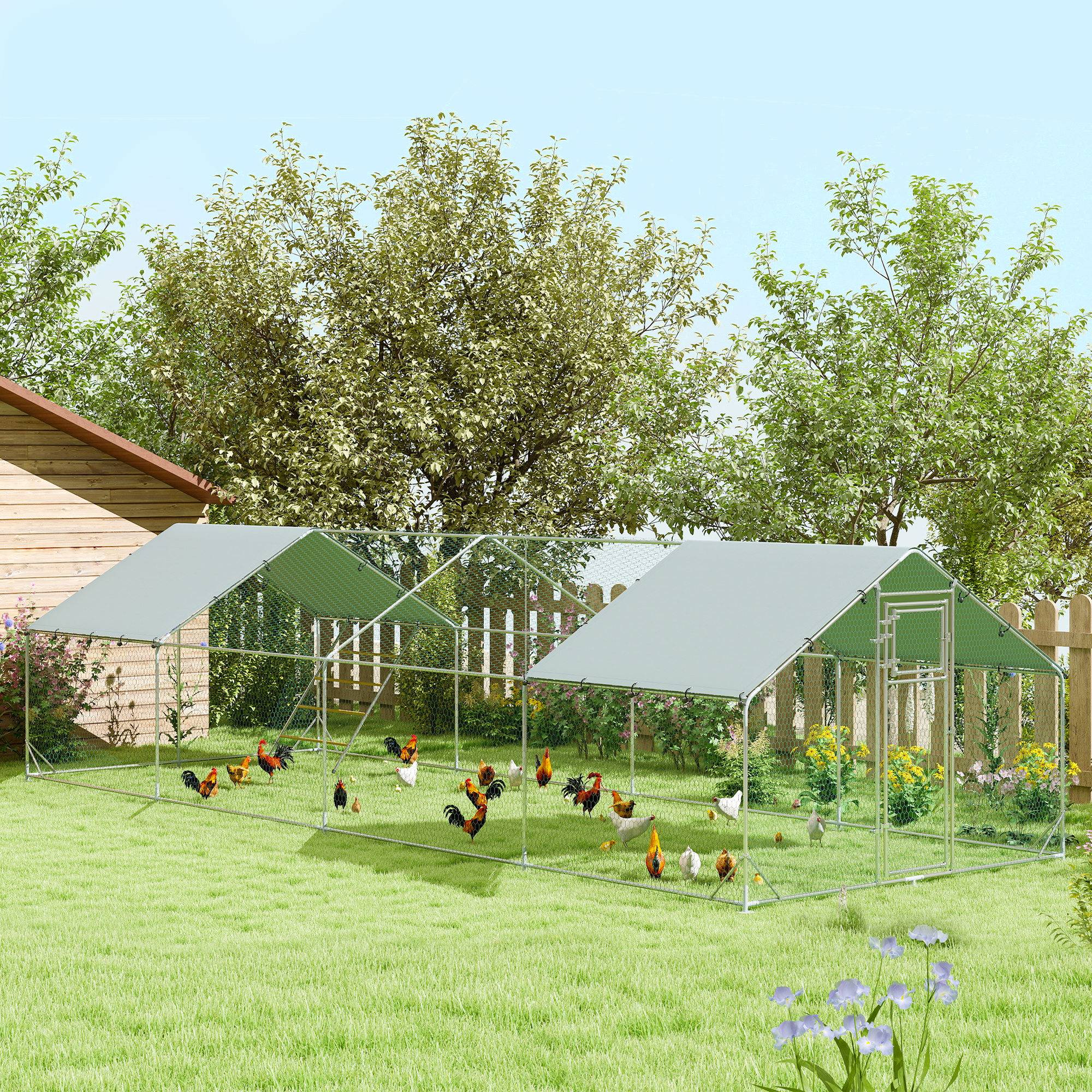 Poulailler, enclos pour poules élevées en plein air, avec bâche résistante aux UV, grillage en acier, mangeoire automatique, pour 24 à 30 poules - Image 3