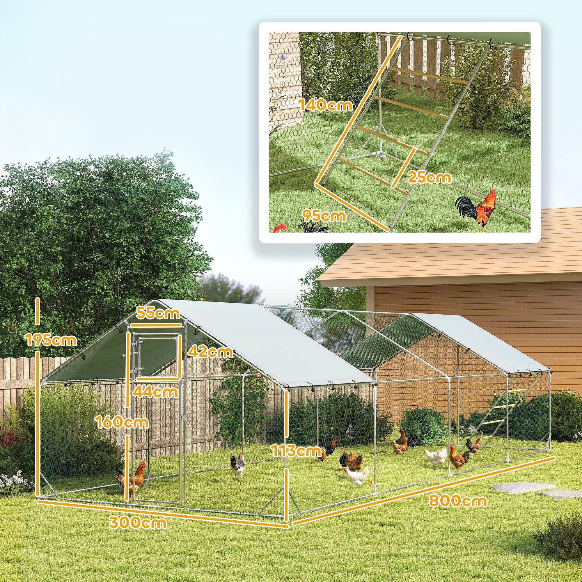 Poulailler, enclos pour poules élevées en plein air, avec bâche résistante aux UV, grillage en acier, mangeoire automatique, pour 24 à 30 poules - Image 5