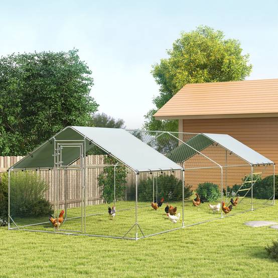 Poulailler, enclos pour poules élevées en plein air, avec bâche résistante aux UV, grillage en acier, mangeoire automatique, pour 24 à 30 poules - Image 4