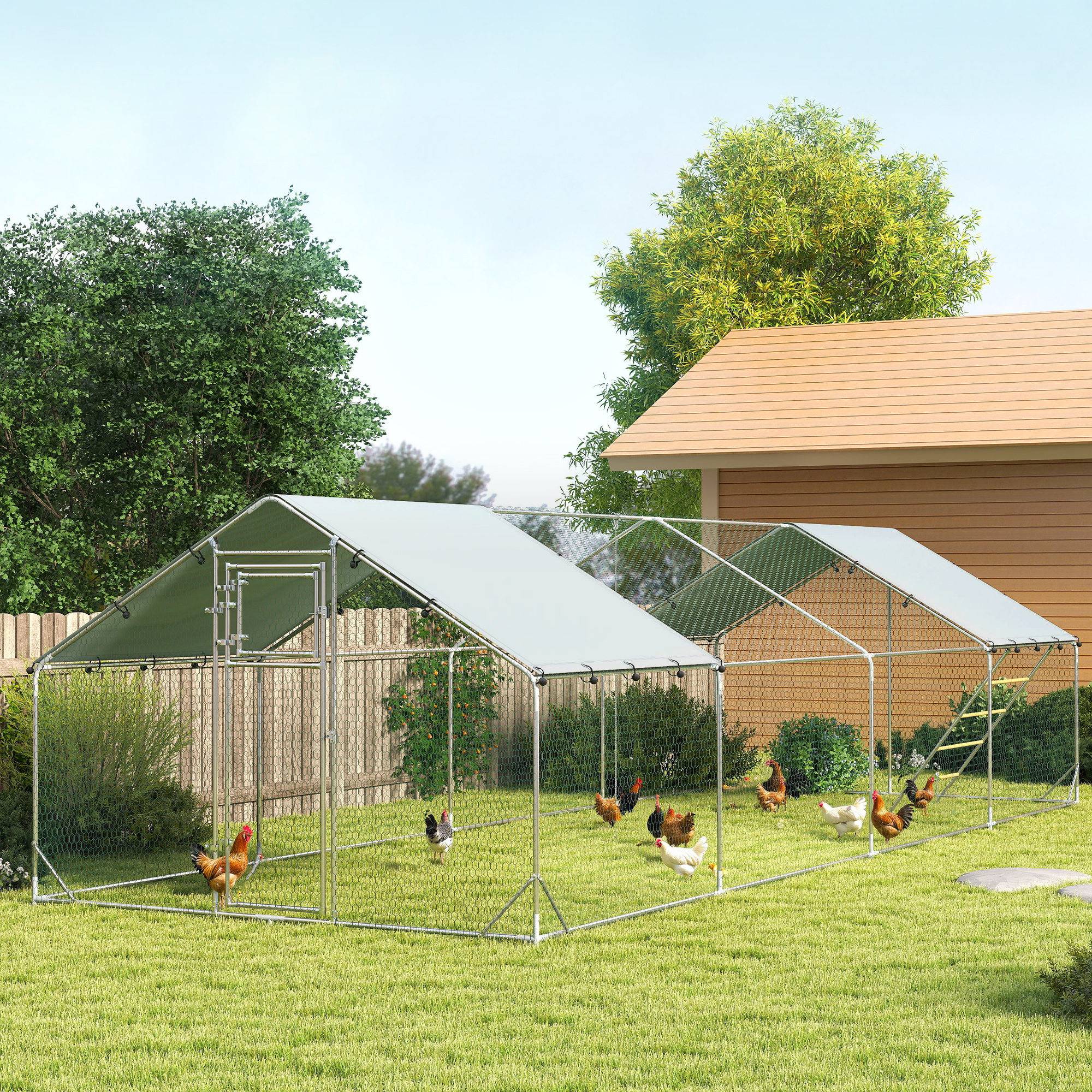 Poulailler, enclos pour poules élevées en plein air, avec bâche résistante aux UV, grillage en acier, mangeoire automatique, pour 24 à 30 poules - Image 4