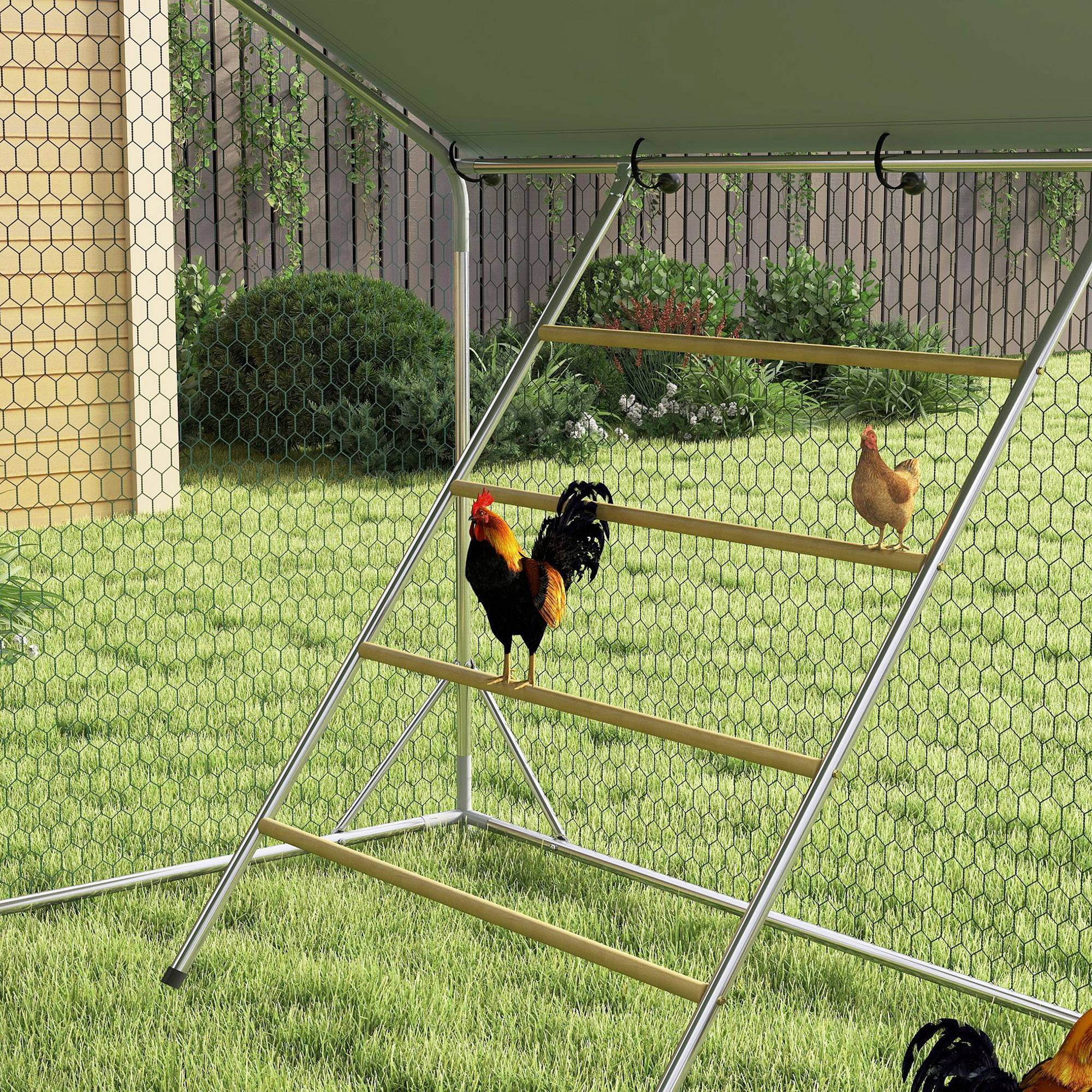 Poulailler, enclos pour poules élevées en plein air, avec bâche résistante aux UV, grillage en acier, mangeoire automatique, pour 24 à 30 poules - Image 10