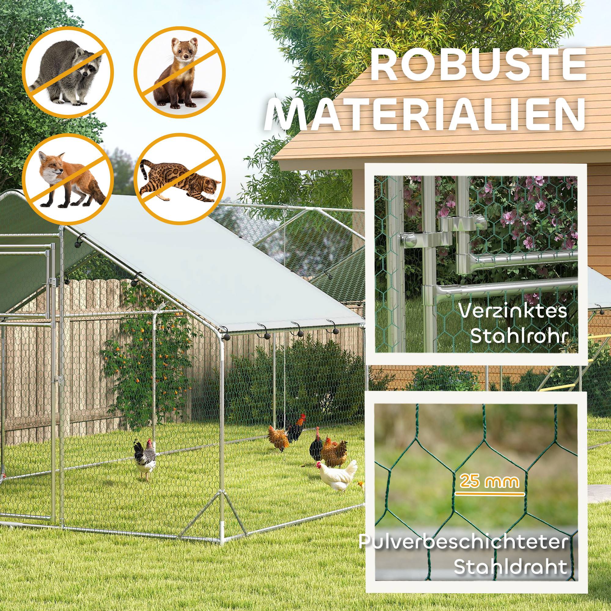 Poulailler, enclos pour poules élevées en plein air, avec bâche résistante aux UV, grillage en acier, mangeoire automatique, pour 24 à 30 poules - Image 8