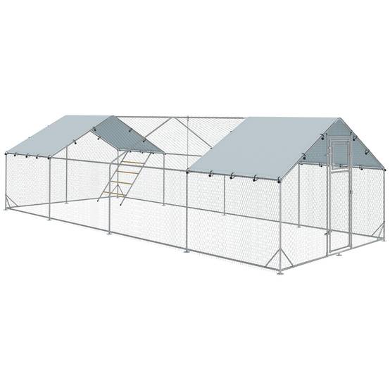Poulailler, enclos pour poules élevées en plein air, avec bâche résistante aux UV, grillage en acier, mangeoire automatique, pour 24 à 30 poules - Image 1