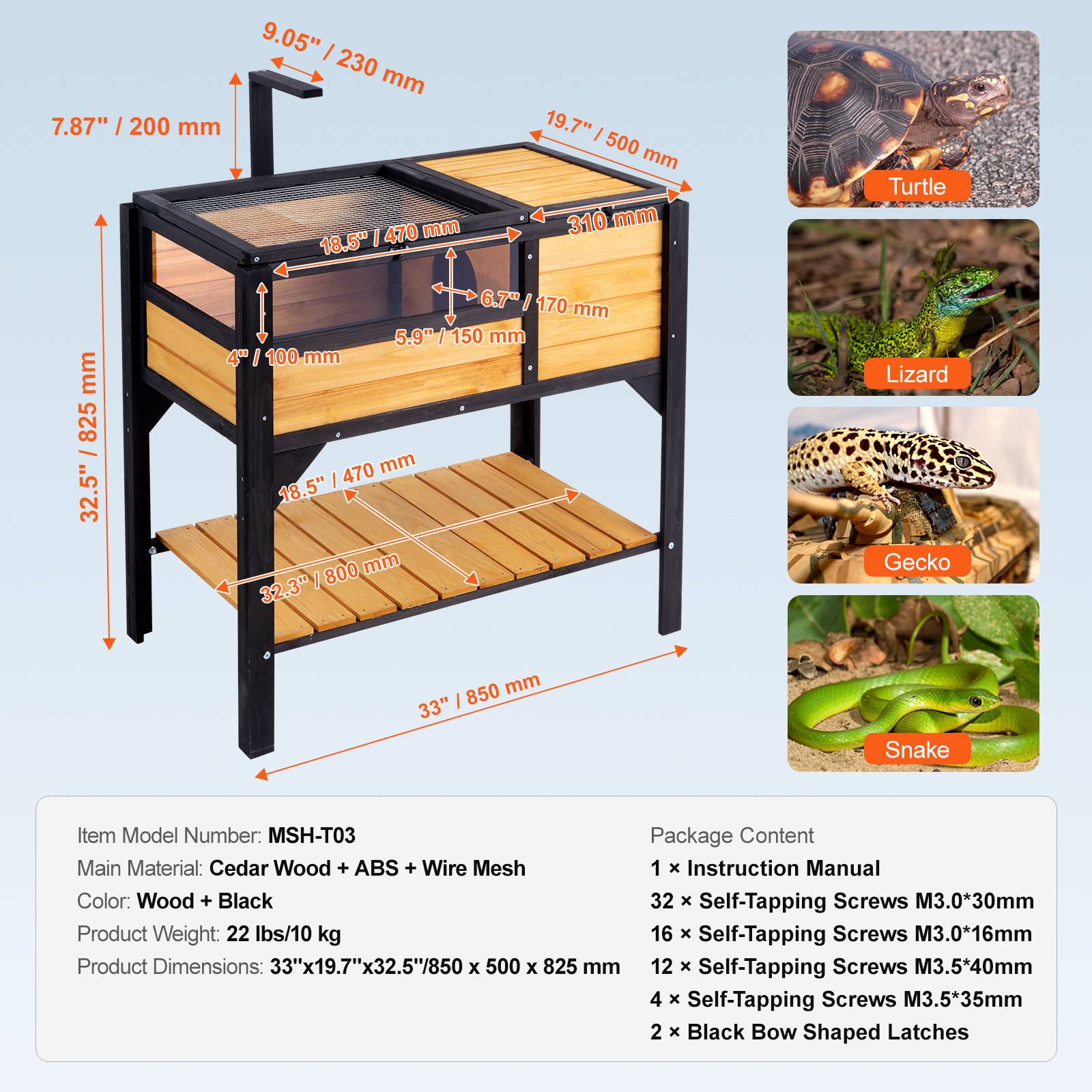VEVOR Habitat tortue en bois intérieur/extérieur avec support d'éclairage et pieds, pour reptiles, geckos, serpents. - Image 7
