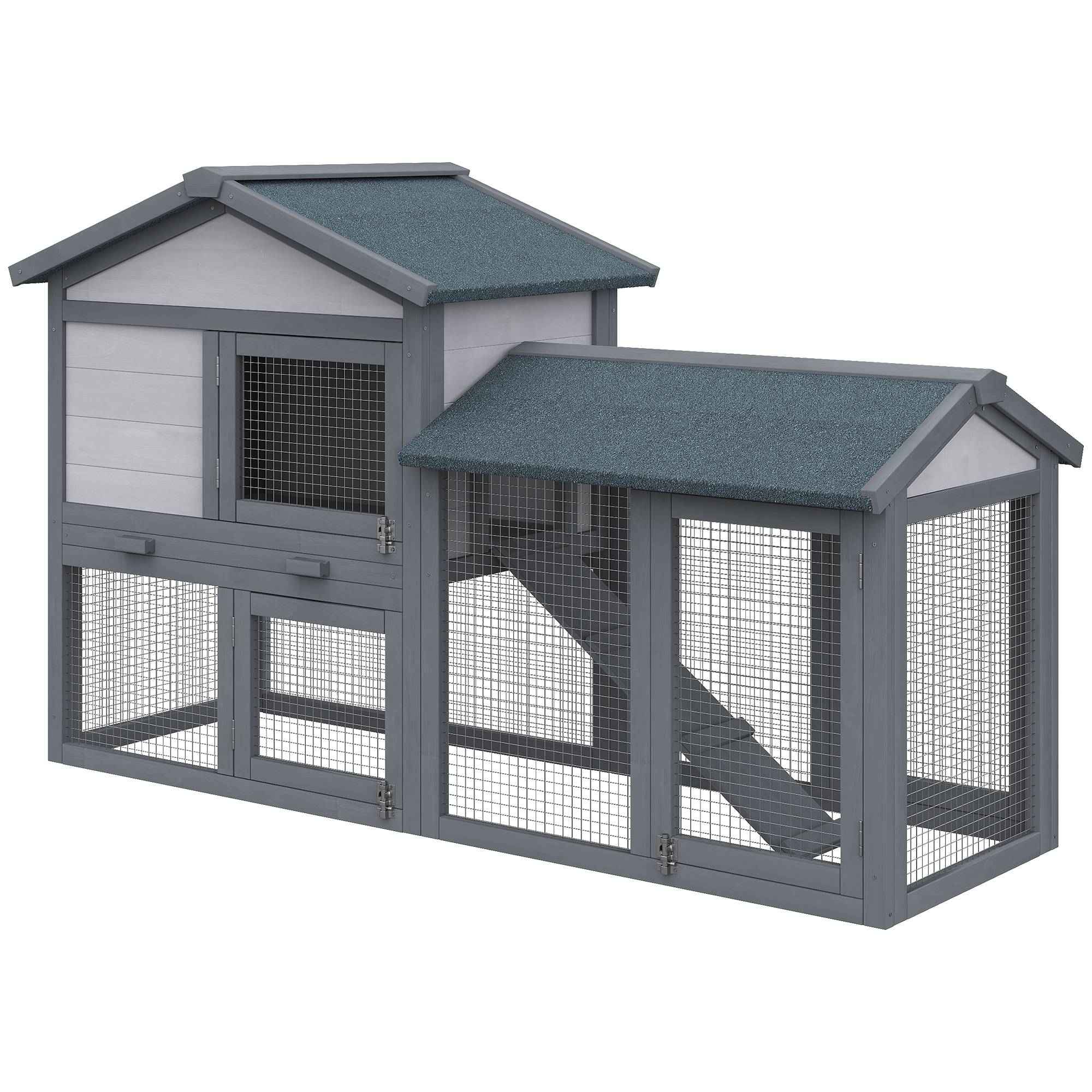 Cage lapins bois, 147 x 54 x 84 cm, toit bitume, enclos, rampe, portes verrouillables, extérieur, gris foncé - Image 2