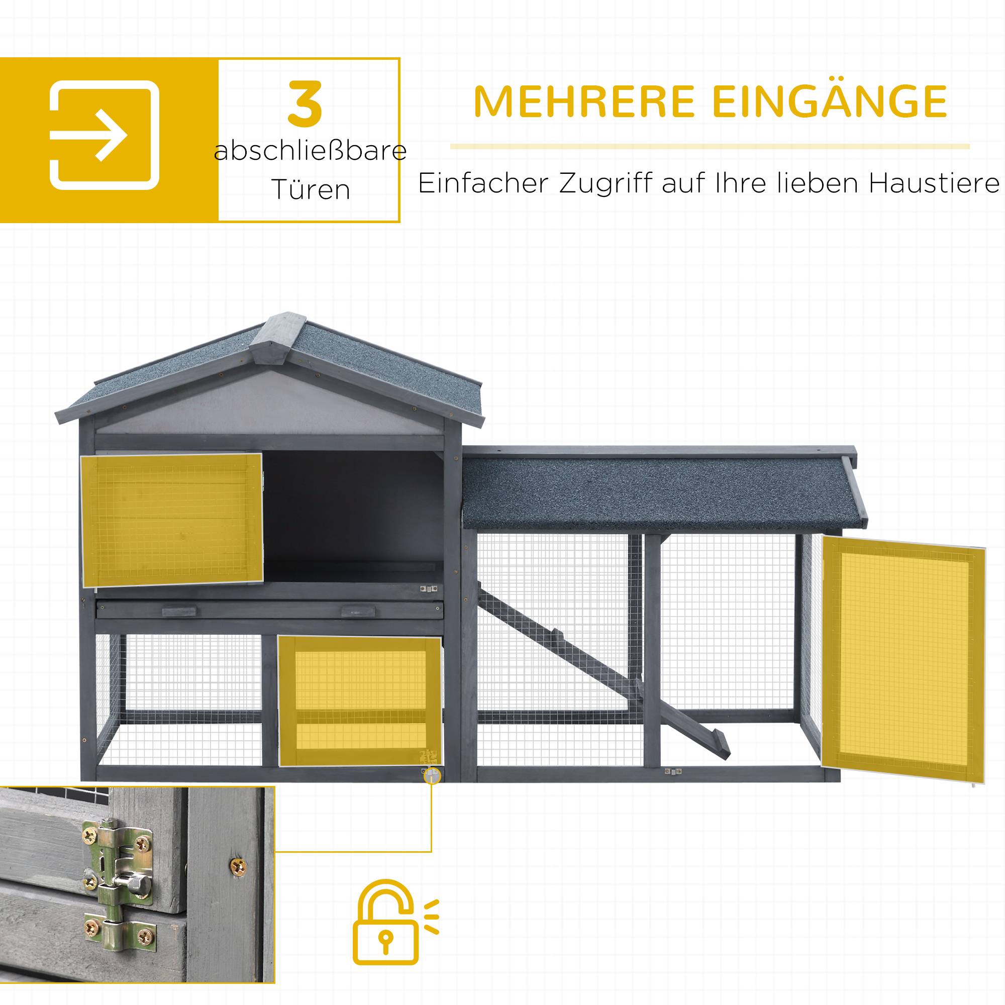 Cage lapins bois, 147 x 54 x 84 cm, toit bitume, enclos, rampe, portes verrouillables, extérieur, gris foncé - Image 6