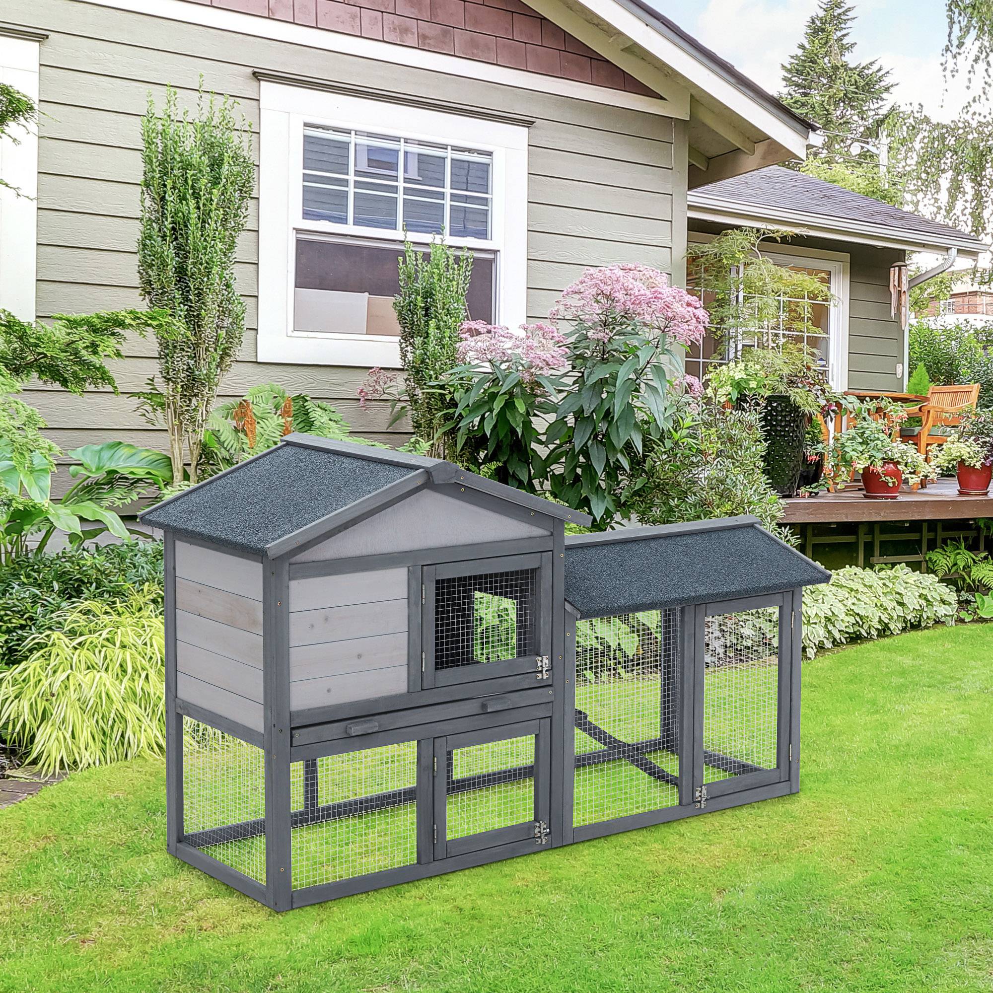 Cage lapins bois, 147 x 54 x 84 cm, toit bitume, enclos, rampe, portes verrouillables, extérieur, gris foncé - Image 4