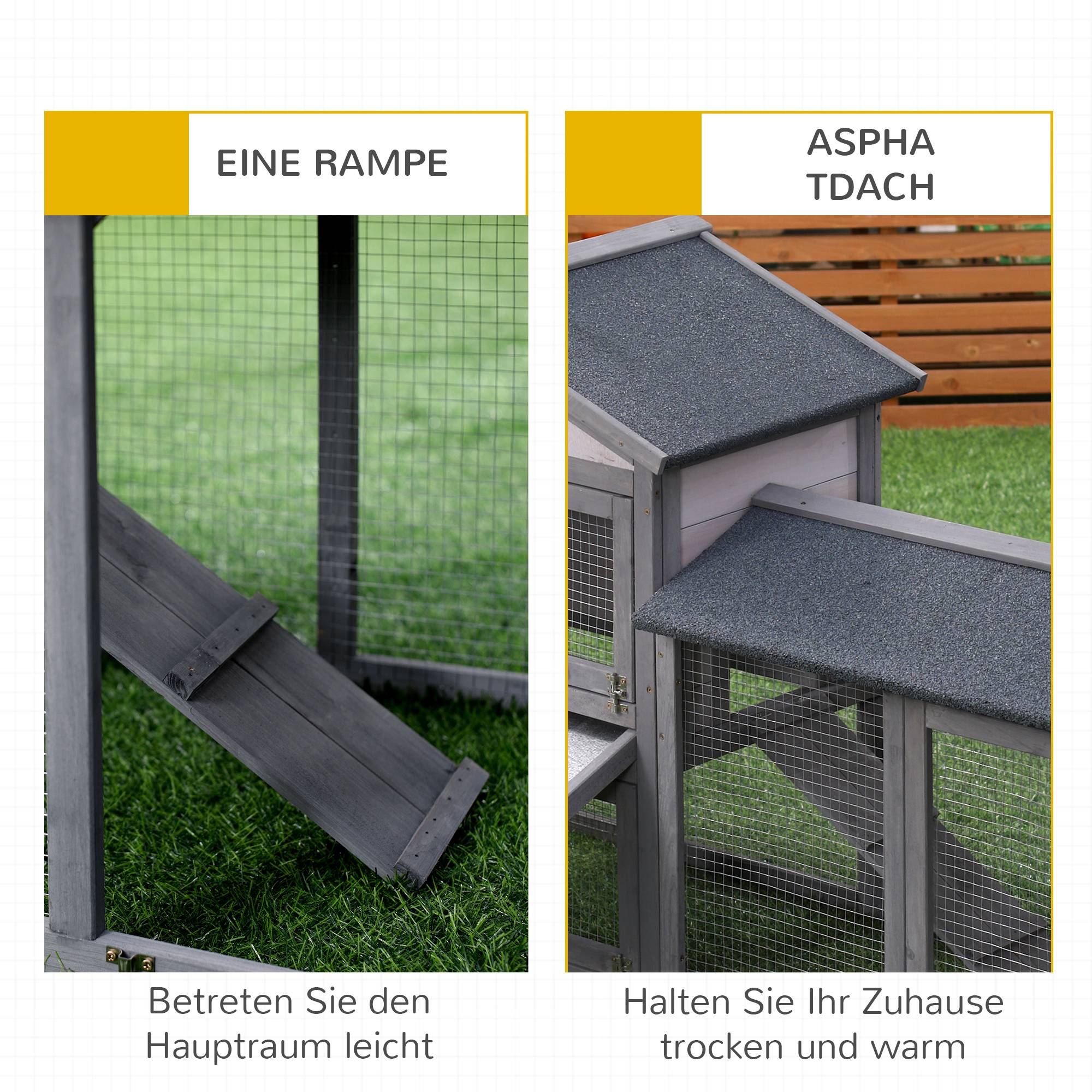 Cage lapins bois, 147 x 54 x 84 cm, toit bitume, enclos, rampe, portes verrouillables, extérieur, gris foncé - Image 8