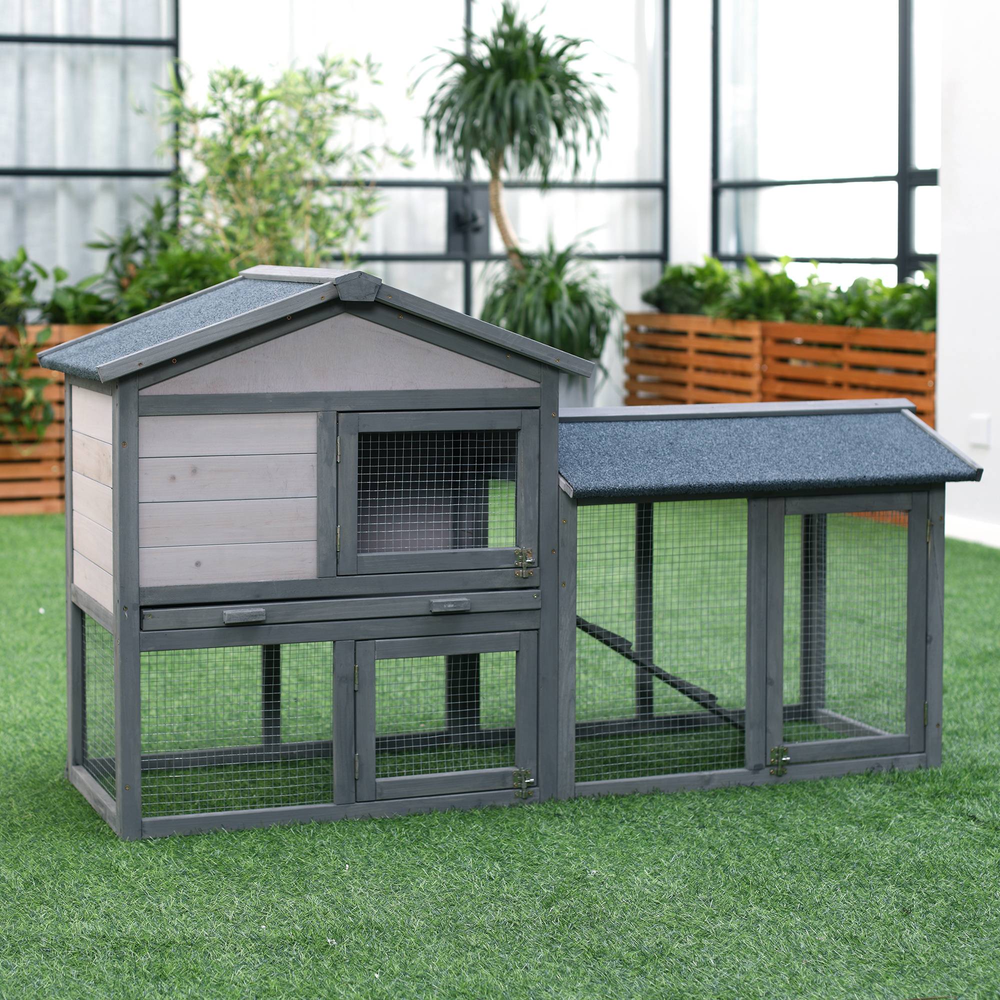 Cage lapins bois, 147 x 54 x 84 cm, toit bitume, enclos, rampe, portes verrouillables, extérieur, gris foncé - Image 3