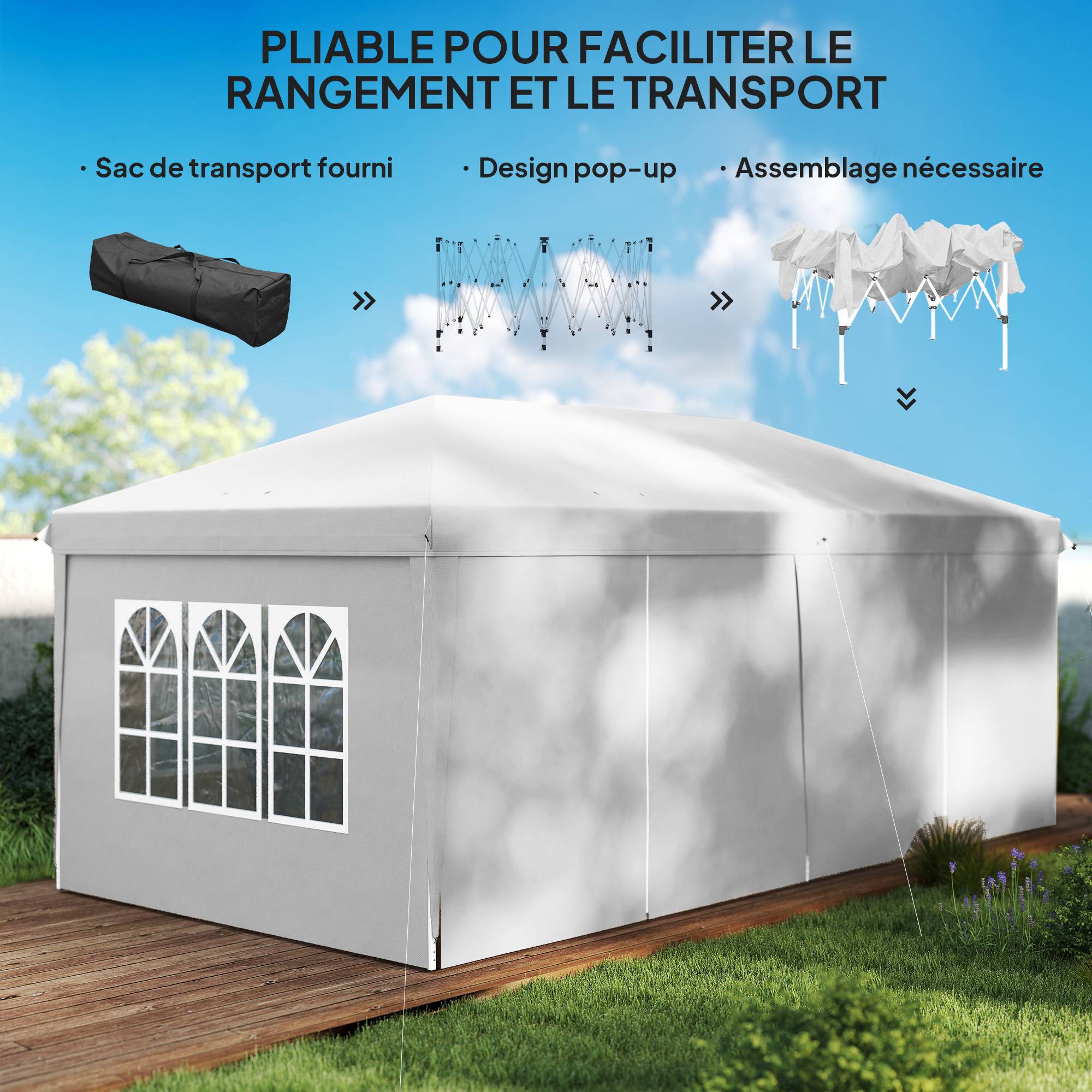 Outsunny - Tonnelle barnum pliante pop-up imperméabilisé 6x3x2.7m 4 parois latérales amovibles 4 fenêtres avec sac de transport blanc - OUTSUNNY - Image 6