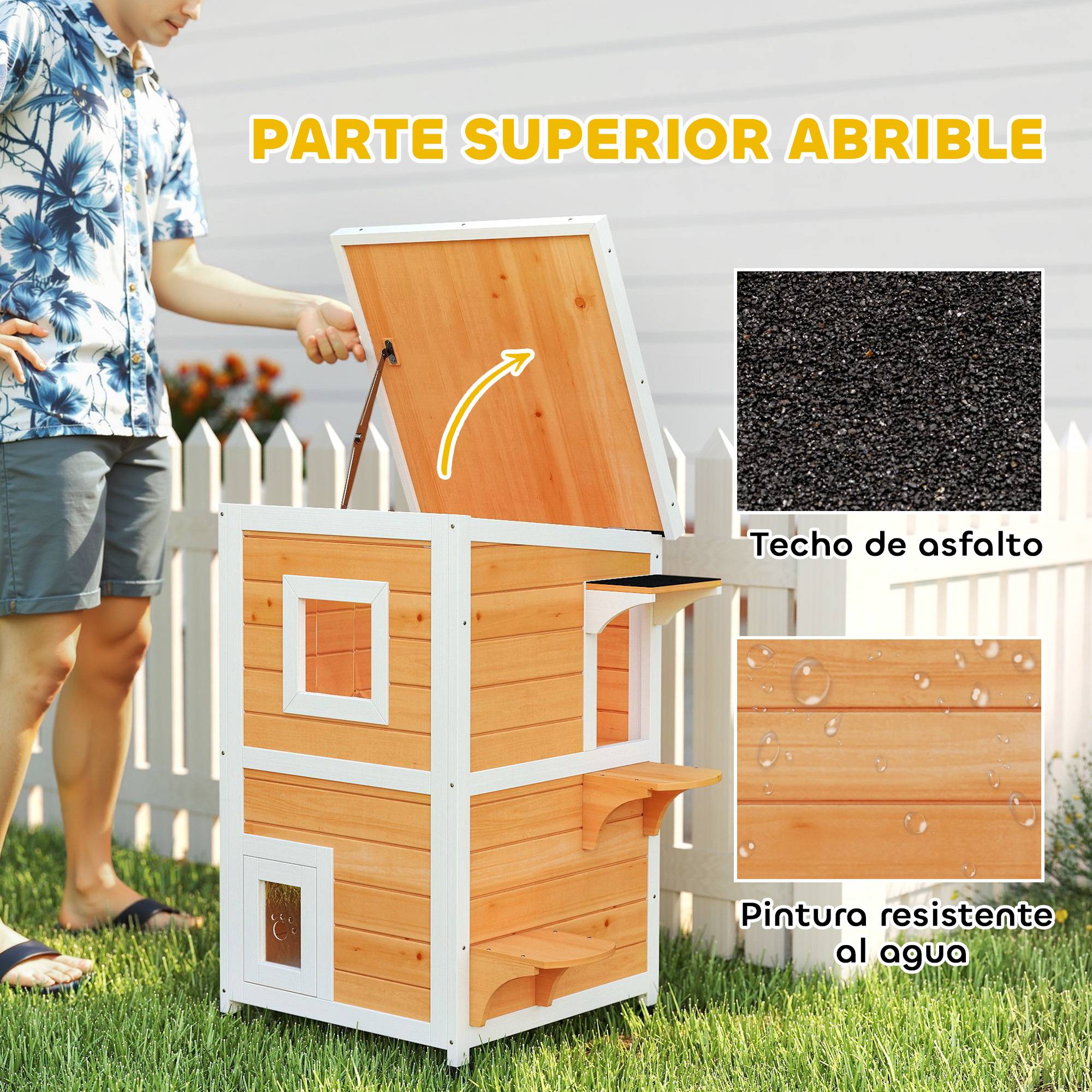 Niche pour Chat Extérieur en Bois 2 Niveaux Abri Imperméable avec Toit Ouvrant Finition Naturelle - ComfortXL Outdoor Living - Image 6