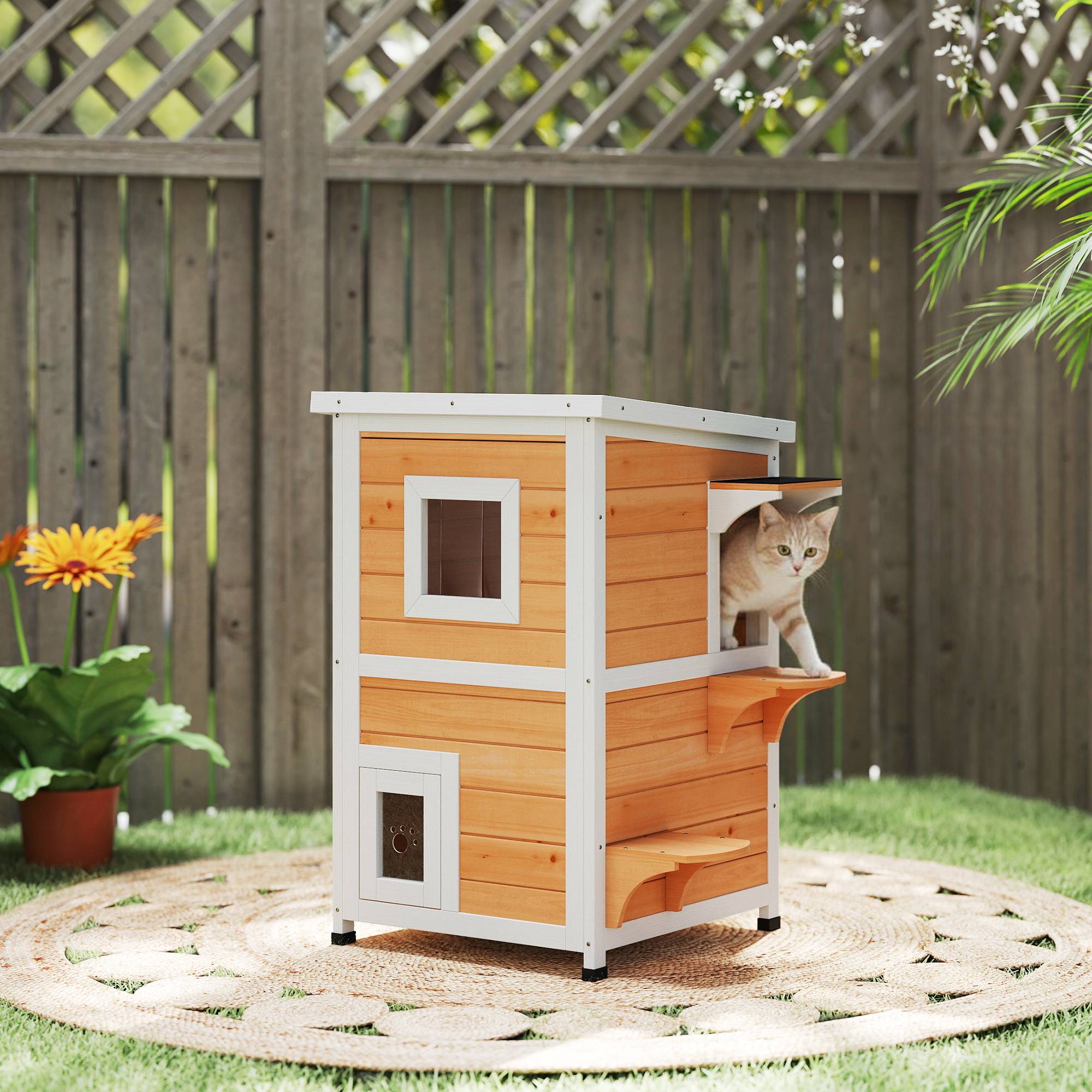 Niche pour Chat Extérieur en Bois 2 Niveaux Abri Imperméable avec Toit Ouvrant Finition Naturelle - ComfortXL Outdoor Living - Image 4