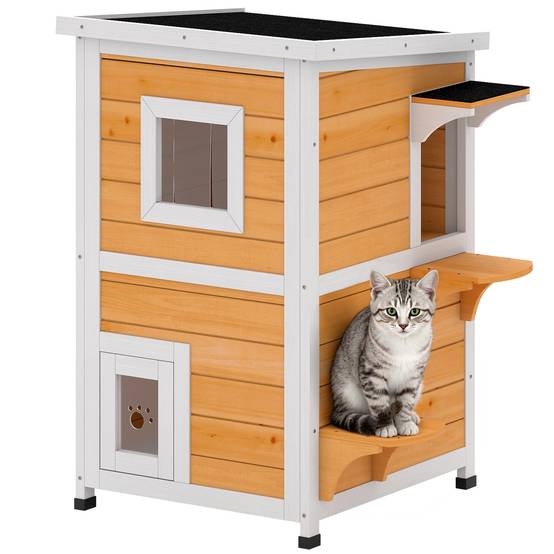 Niche pour Chat Extérieur en Bois 2 Niveaux Abri Imperméable avec Toit Ouvrant Finition Naturelle - ComfortXL Outdoor Living - Image 1
