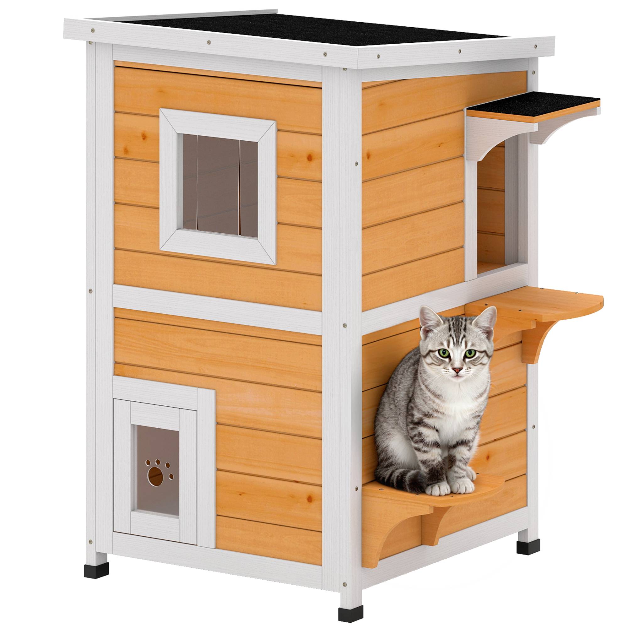 Niche pour Chat Extérieur en Bois 2 Niveaux Abri Imperméable avec Toit Ouvrant Finition Naturelle - ComfortXL Outdoor Living - Image 1