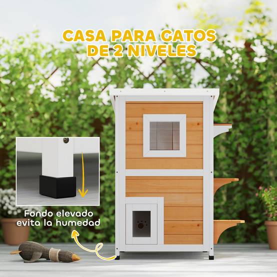 Niche pour Chat Extérieur en Bois 2 Niveaux Abri Imperméable avec Toit Ouvrant Finition Naturelle - ComfortXL Outdoor Living - Image 7