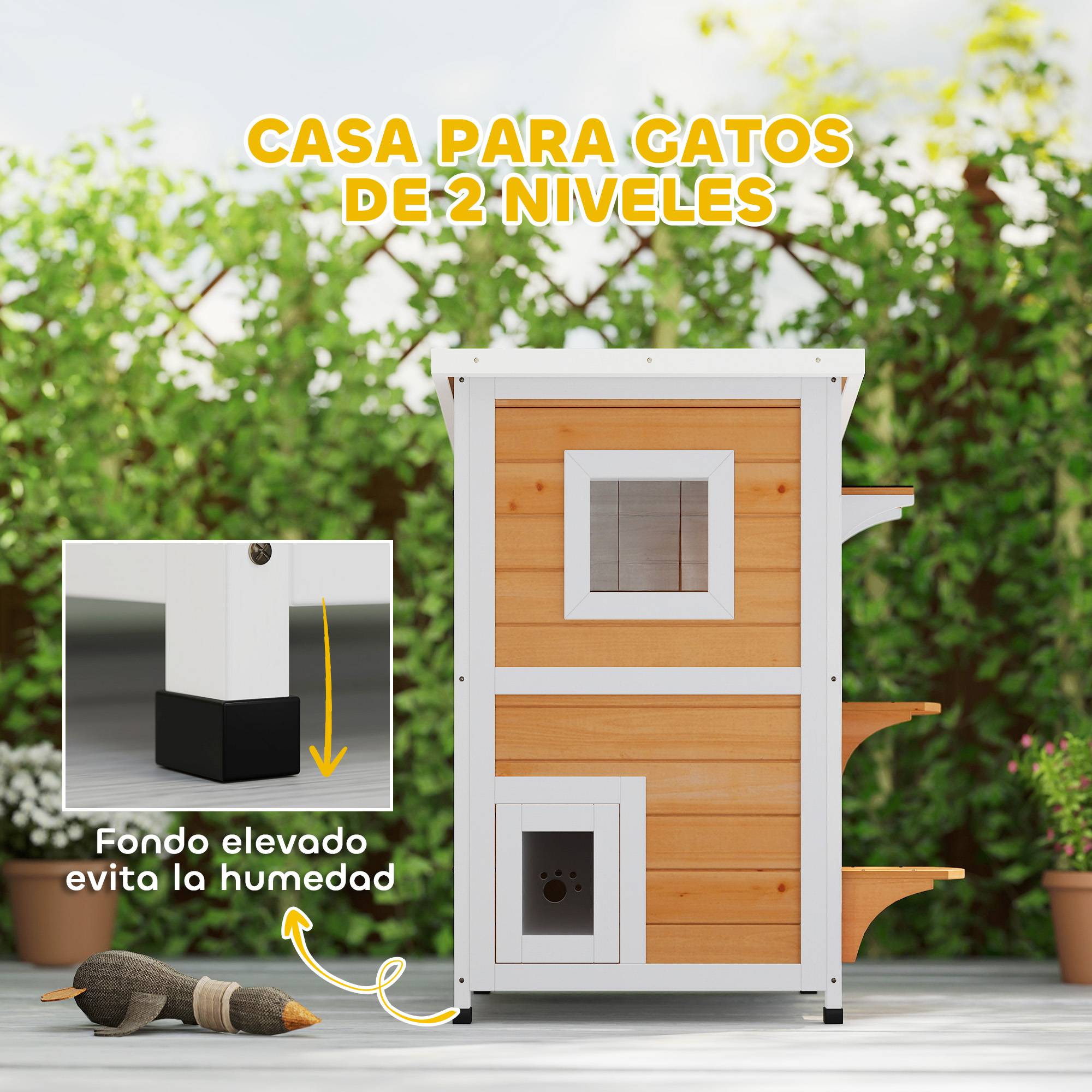 Niche pour Chat Extérieur en Bois 2 Niveaux Abri Imperméable avec Toit Ouvrant Finition Naturelle - ComfortXL Outdoor Living - Image 7