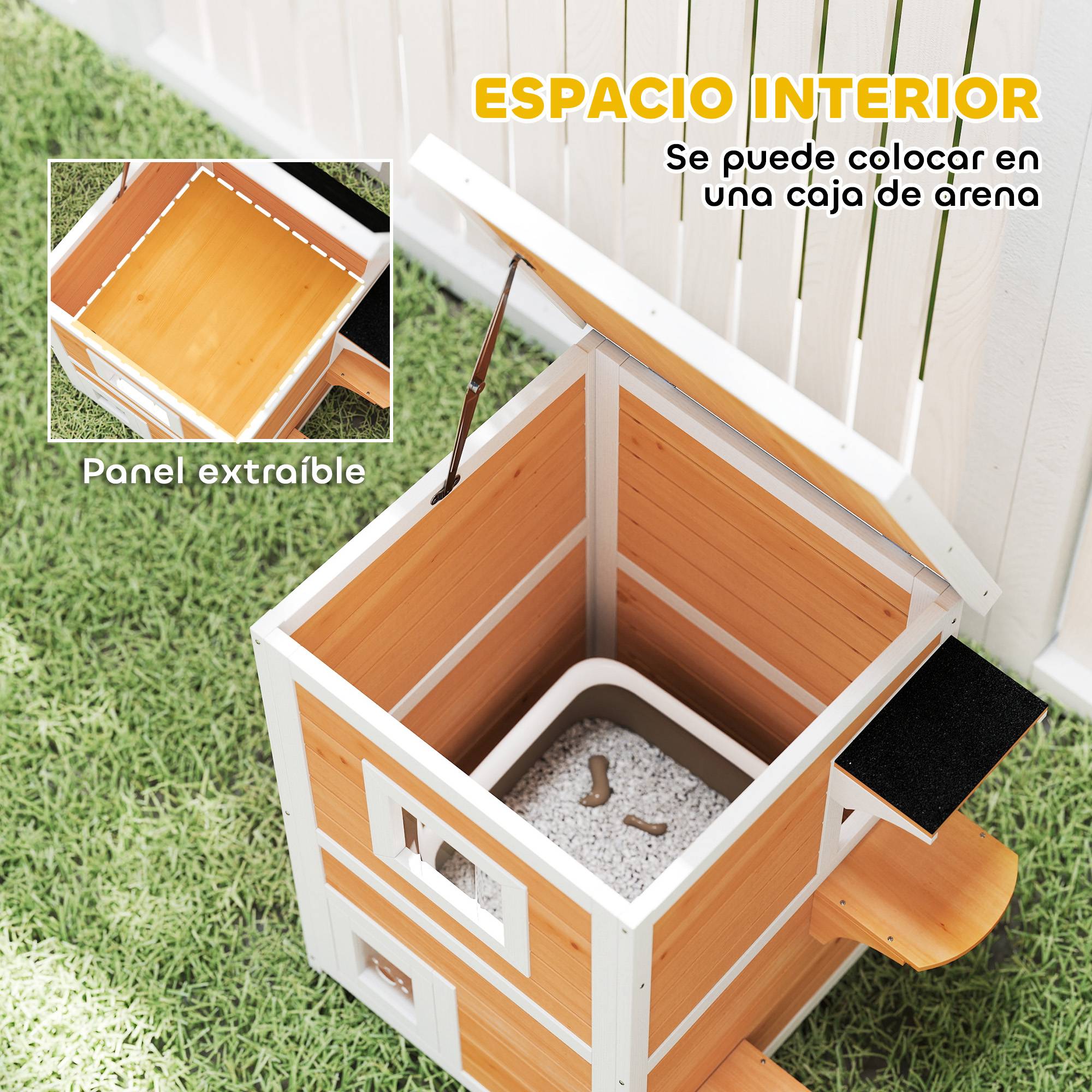 Niche pour Chat Extérieur en Bois 2 Niveaux Abri Imperméable avec Toit Ouvrant Finition Naturelle - ComfortXL Outdoor Living - Image 9