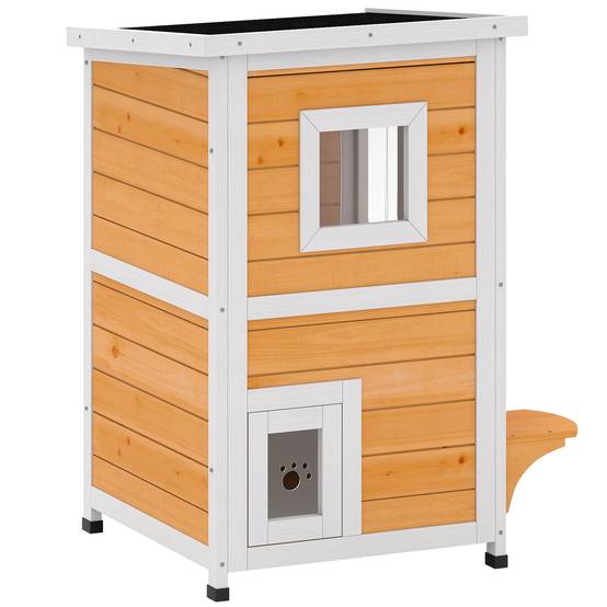 Niche pour Chat Extérieur en Bois 2 Niveaux Abri Imperméable avec Toit Ouvrant Finition Naturelle - ComfortXL Outdoor Living - Image 2