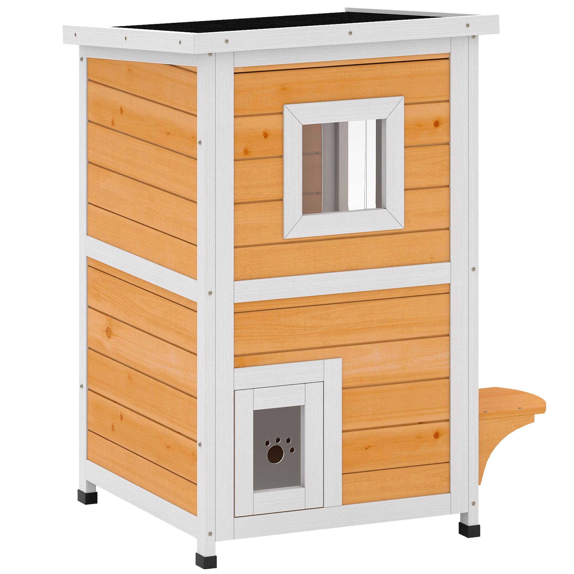 Niche pour Chat Extérieur en Bois 2 Niveaux Abri Imperméable avec Toit Ouvrant Finition Naturelle - ComfortXL Outdoor Living - Image 2