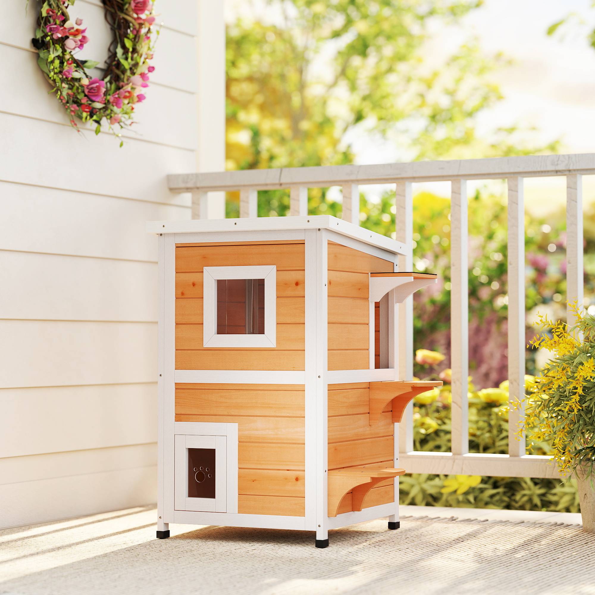 Niche pour Chat Extérieur en Bois 2 Niveaux Abri Imperméable avec Toit Ouvrant Finition Naturelle - ComfortXL Outdoor Living - Image 10