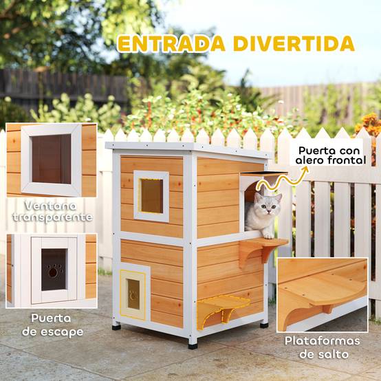 Niche pour Chat Extérieur en Bois 2 Niveaux Abri Imperméable avec Toit Ouvrant Finition Naturelle - ComfortXL Outdoor Living - Image 8