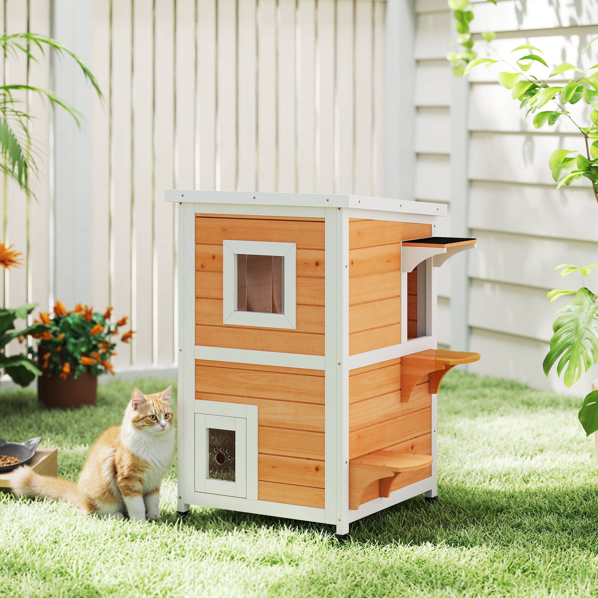 Niche pour Chat Extérieur en Bois 2 Niveaux Abri Imperméable avec Toit Ouvrant Finition Naturelle - ComfortXL Outdoor Living - Image 3