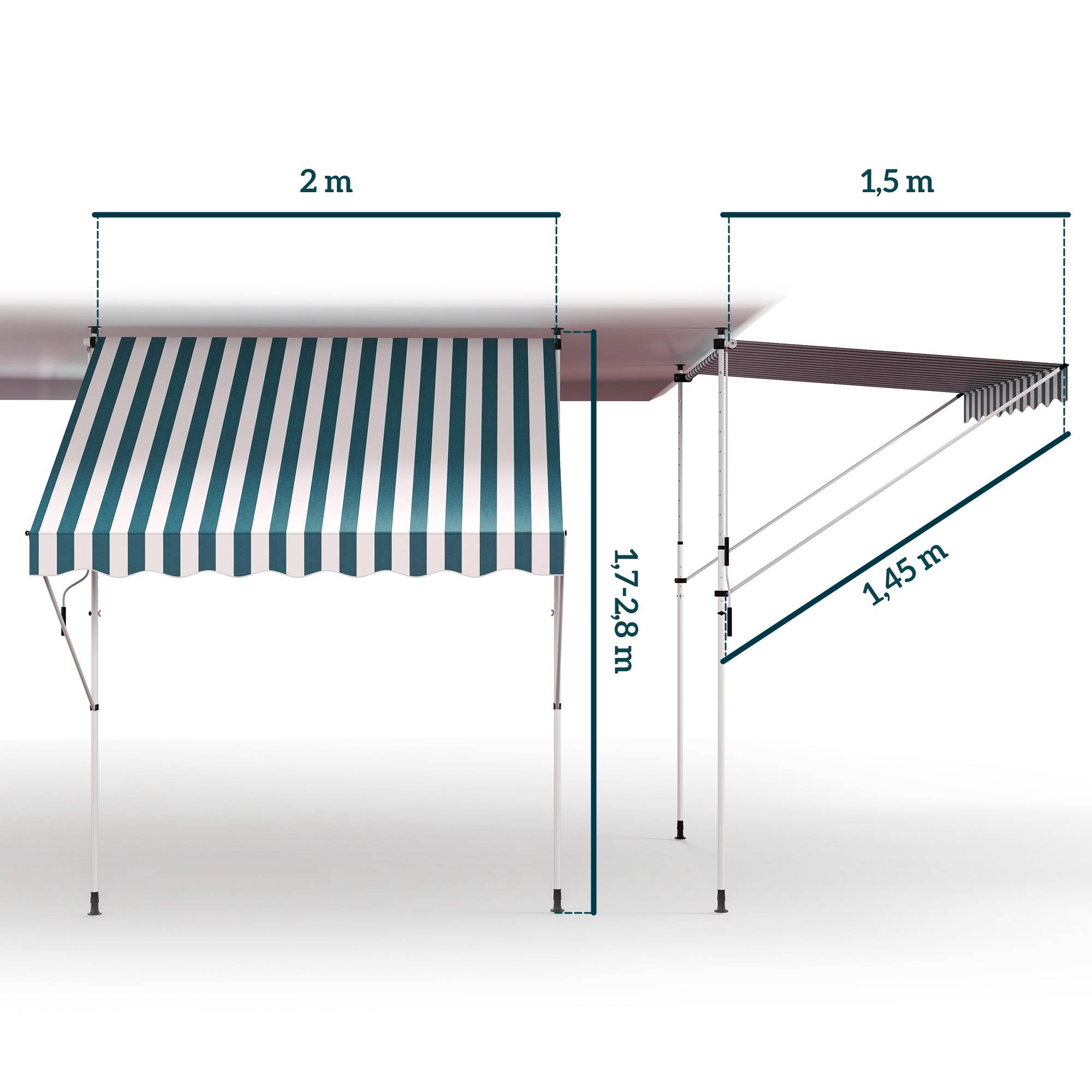 Store banne rétractable manuelle 200x150x170-280 cm pour balcon et terrasse, hauteur réglable et manivelle, rayures vertes et blanches - Image 5