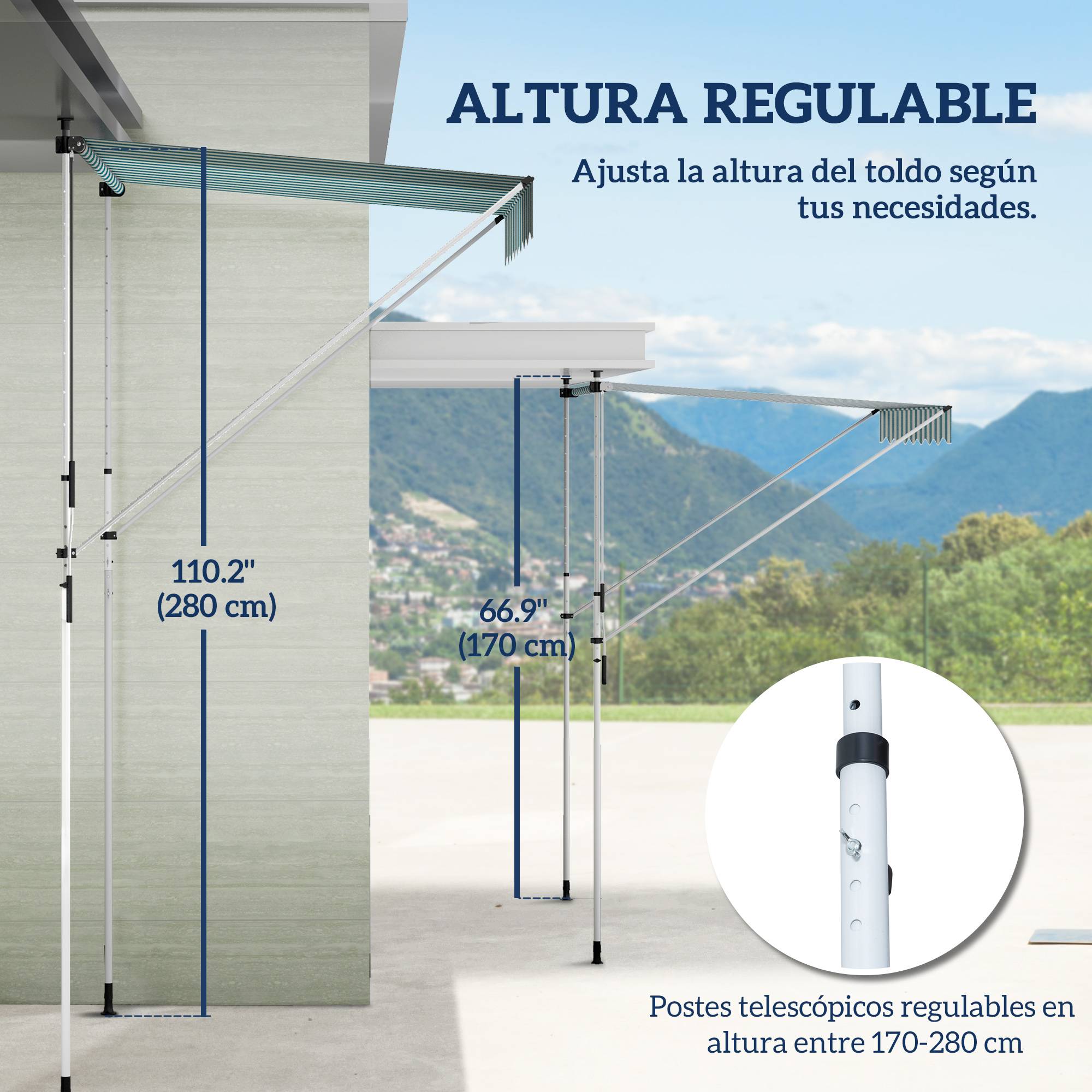 Store banne rétractable manuelle 200x150x170-280 cm pour balcon et terrasse, hauteur réglable et manivelle, rayures vertes et blanches - Image 6