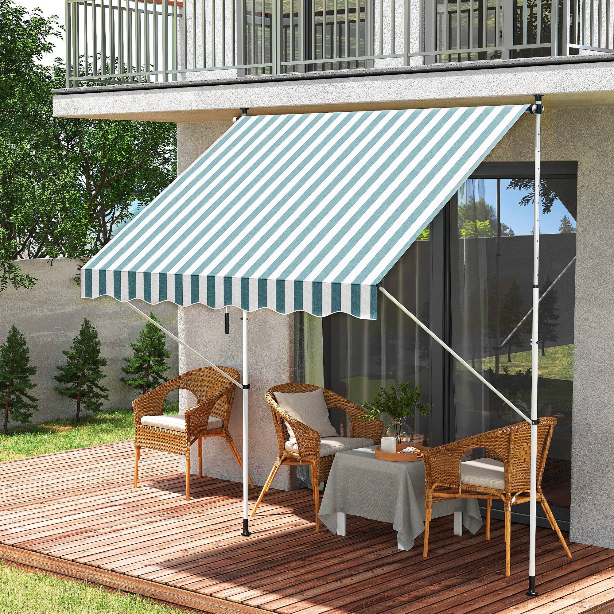 Store banne rétractable manuelle 200x150x170-280 cm pour balcon et terrasse, hauteur réglable et manivelle, rayures vertes et blanches - Image 4