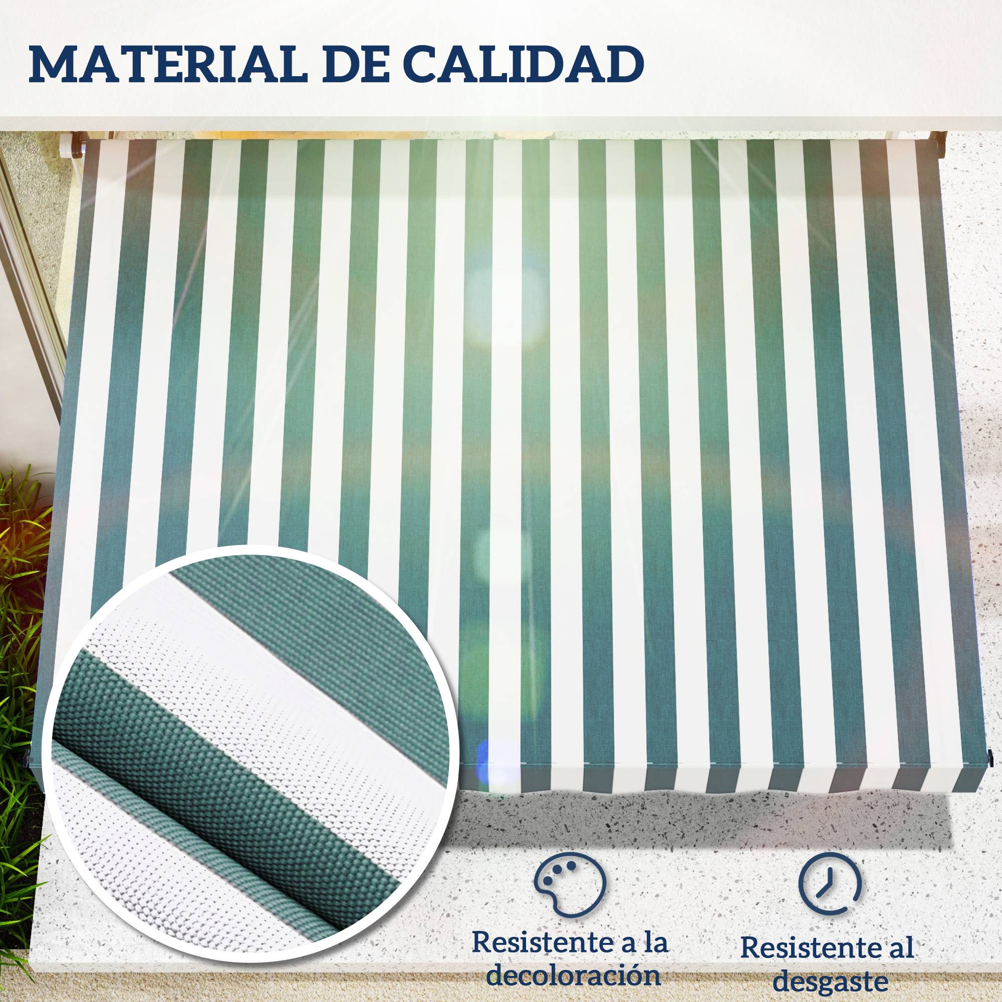 Store banne rétractable manuelle 200x150x170-280 cm pour balcon et terrasse, hauteur réglable et manivelle, rayures vertes et blanches - Image 7