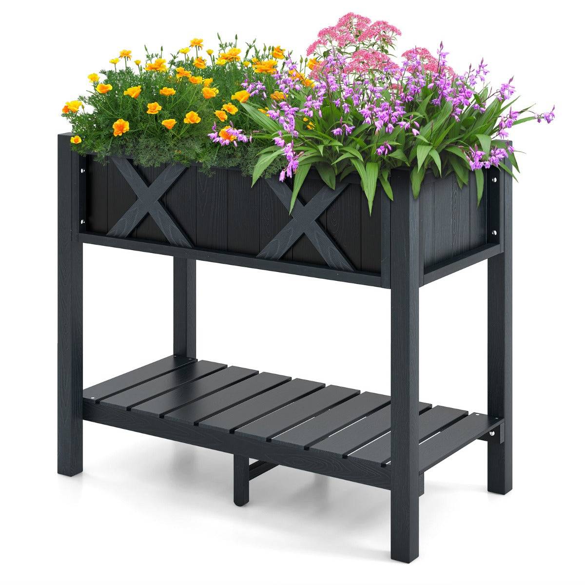 Helloshop26 - Jardinière surélevé en hips trous de drainage étagère de rangement inférieure barres transversales renforcées noir - Image 1
