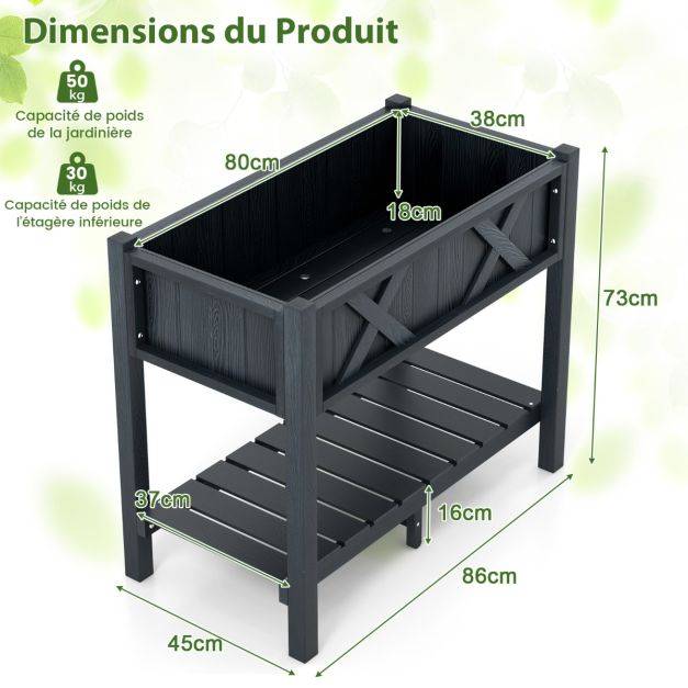 Helloshop26 - Jardinière surélevé en hips trous de drainage étagère de rangement inférieure barres transversales renforcées noir - Image 6