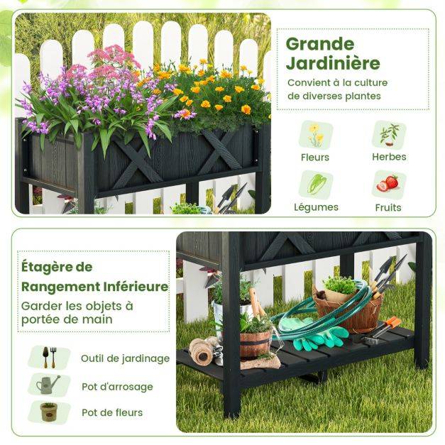 Helloshop26 - Jardinière surélevé en hips trous de drainage étagère de rangement inférieure barres transversales renforcées noir - Image 5