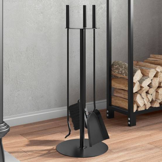 Set Serviteur de Cheminée Rond Acier 4 Pièces Nettoyage Foyer 59 cm Noir - ComfortXL Outdoor Living - Image 1