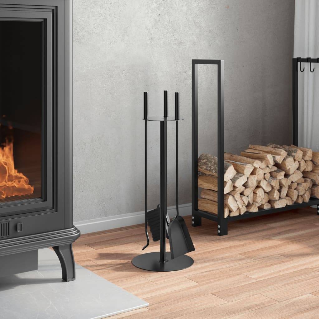 Set Serviteur de Cheminée Rond Acier 4 Pièces Nettoyage Foyer 59 cm Noir - ComfortXL Outdoor Living - Image 3