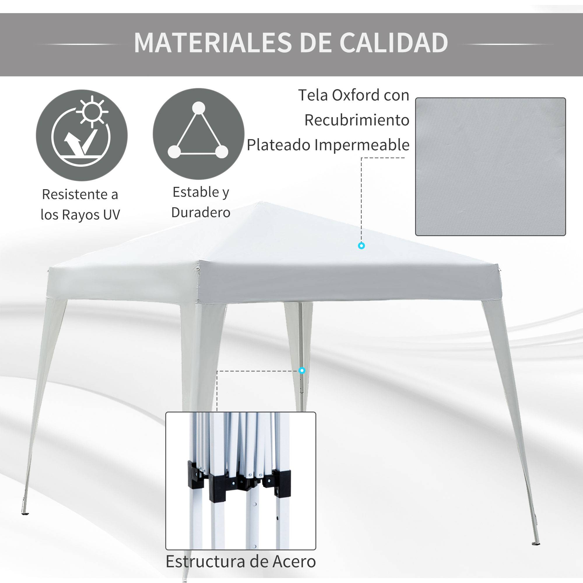 Tente pliante 2,4 x 2,4 m, tonnelle de jardin imperméable, montage instantané, structure en acier et toile Oxford, blanche. - Image 6