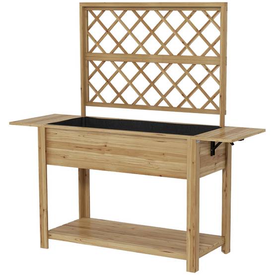 Sans Marque - Jardinière rectangulaire sur pieds avec treillis 2 tablettes latérales rabattables 1 étagère inférieure bois - Image 2