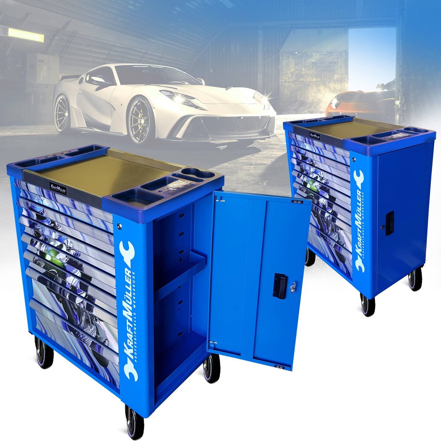 Servante d'atelier Kraft Muller KM-7/6 RACING-BLUE FLEX MOTO GP, 249 Outils inclus - 7 tiroirs, 6 tiroirs pleins, 1 placard - Image 3