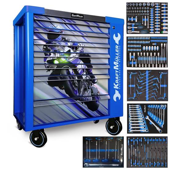 Servante d'atelier Kraft Muller KM-7/6 RACING-BLUE FLEX MOTO GP, 249 Outils inclus - 7 tiroirs, 6 tiroirs pleins, 1 placard - Image 1