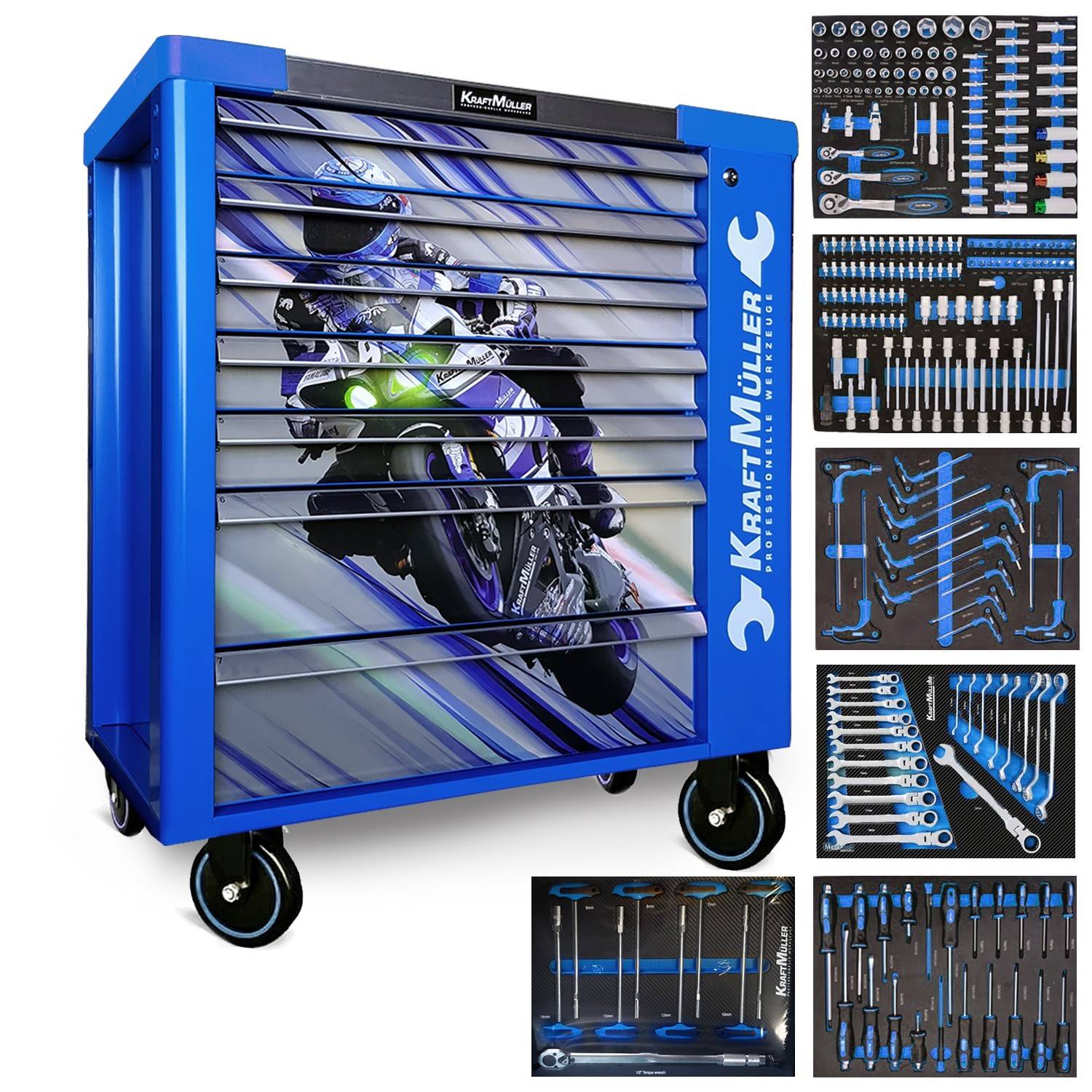 Servante d'atelier Kraft Muller KM-7/6 RACING-BLUE FLEX MOTO GP, 249 Outils inclus - 7 tiroirs, 6 tiroirs pleins, 1 placard - Image 1