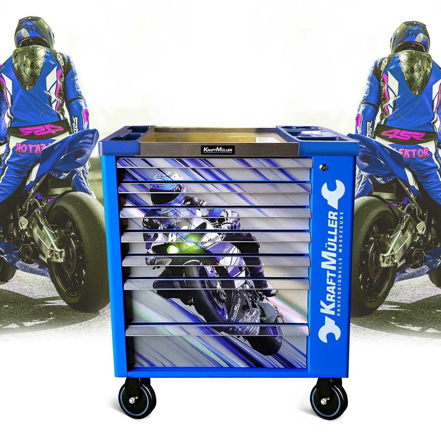 Servante d'atelier Kraft Muller KM-7/6 RACING-BLUE FLEX MOTO GP, 249 Outils inclus - 7 tiroirs, 6 tiroirs pleins, 1 placard - Image 2